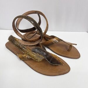 Vintage Milu Snakeskin Flat Sandals Yellow Gold & Brown Wrap Around Ankle 39 7.5